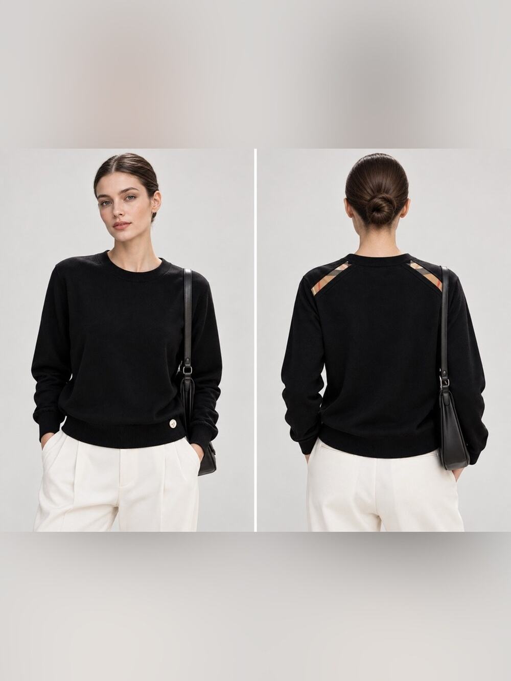 Burberry women’s Wool Black Sweater with Tan Accents L NWT